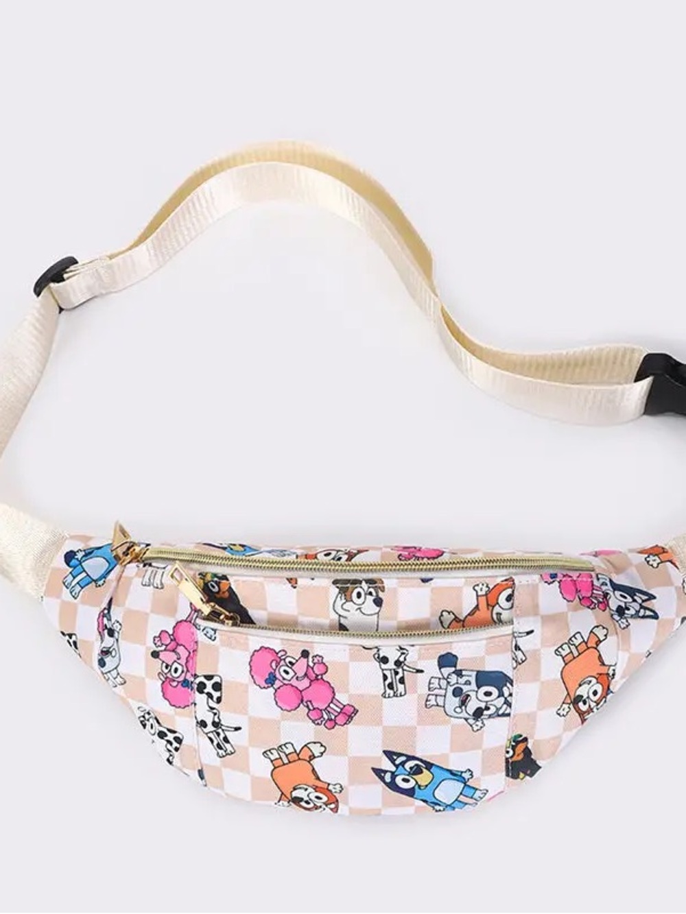 Kids or adults Cream Checkered Cartoon Dog Fanny Pack